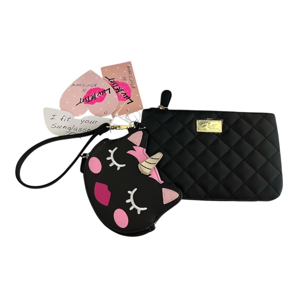 Betsey Johnson Luv Betsey Unicorn Coin Purse and Quilted Wristlet Set Black Pink